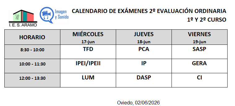 Calendario examenes 2aev ordinaria CIS